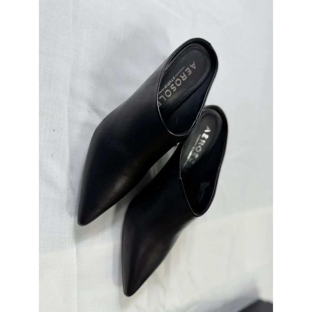 Aerosoles Black Leather Mule Heels Womens 7.5M Pointed Toe Slip On Shoes